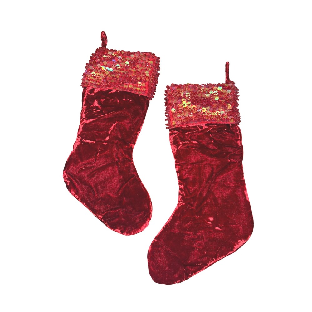 Farris Silk Luxury Embellished Sequined Red Crushed Velvet Christmas Stockings 2